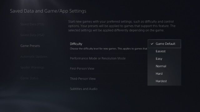 PS5 - Difficulty Preset