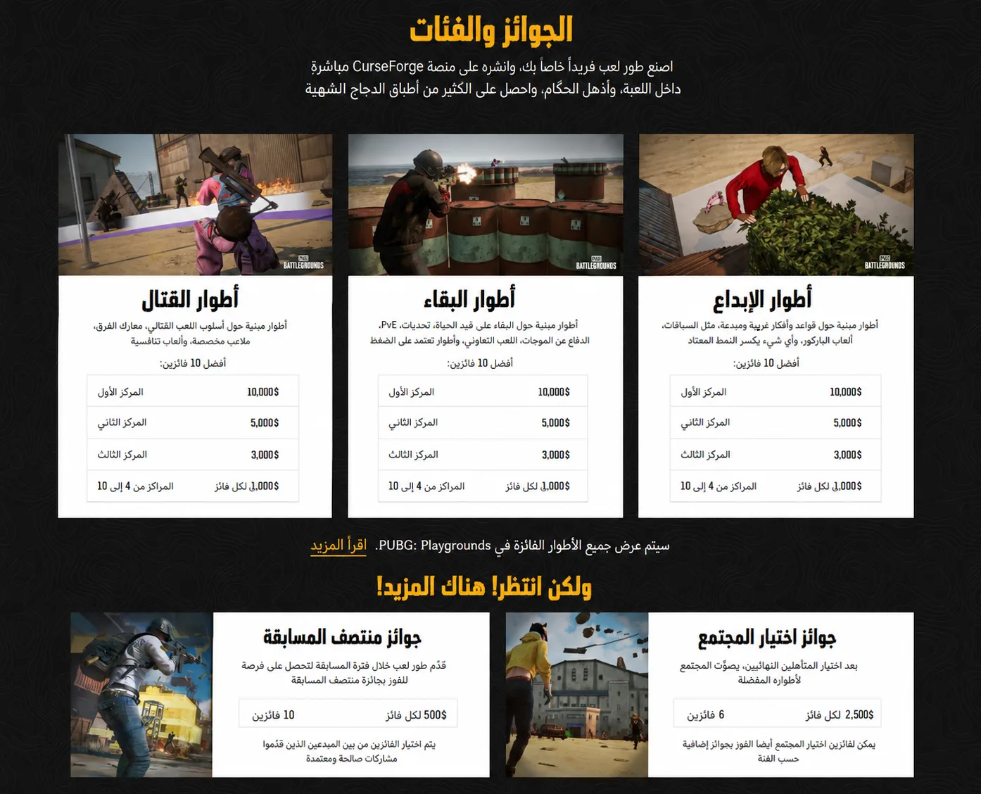 التعاون مع منصة CurseForge، أطلقت كرافتون مسابقة PUBG: BATTLEGROUNDS UGC Contest، التي تمنح مطوري التعديلات (Mods) فرصة للفوز بجوائز مالية